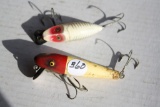 (2) Antique Fish Lures-red & white wood, Heddon Runt