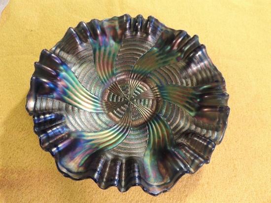 Blue Carnival glass bowl - wicker pattern