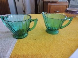 Green glass Swirl pattern sugar creamer set