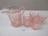 Pink depression glass pitcher set (4 glasses)