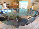 Blue carnival glass oval fruit bowl / centerpiece