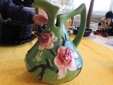 Green Roseville picher vase - Magnolia pattern