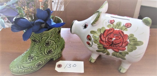 Ceramic pig piggy bank with boot Lefton vase
