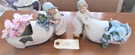 2 bisque ware Dutch kids with shoe planters