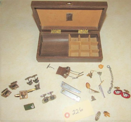 assortment of cuff-links, tie clips, hat pins and jewelry box