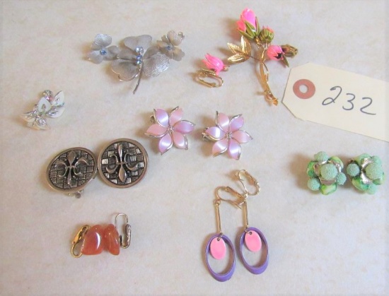 6 sets of clip style earrings, 2 sets of pins with matching earrings