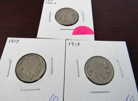1913 Type 1, 1917, 1918 Buffalo Nickels