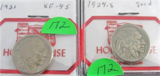 1921 XF, 1924-S, G Buffalo Nickels