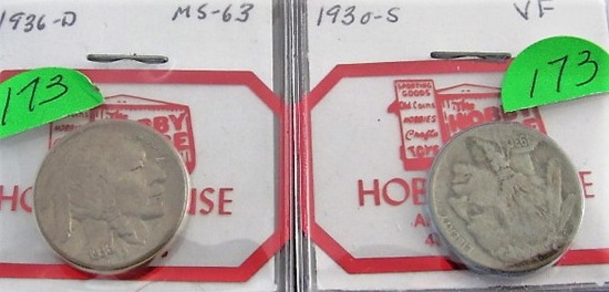 1930-S, VF & 1936-D, MS-63 Buffalo Nickels
