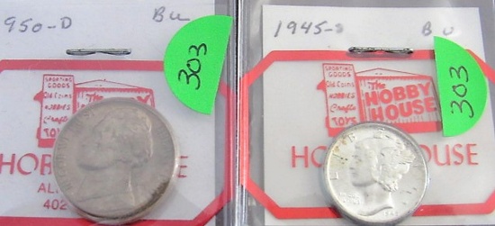 1945-S Mercury Dime, 1950-D Washington Nickel
