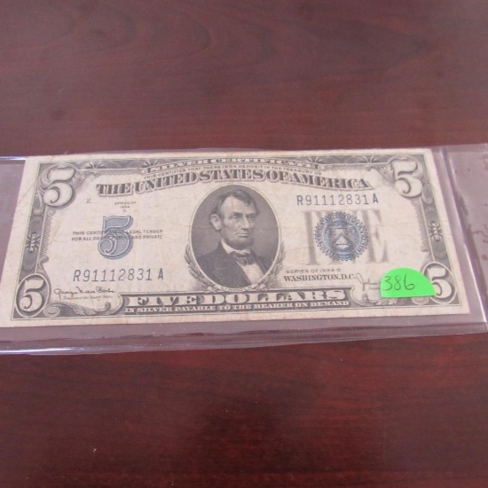 1934-D $5.00 Blue Seal Silver Cert.
