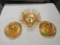 3 marigold carnival glass pieces (2 hat ashtrays, 1 embossed horse bowl) (bowl manufacture flaw)