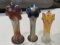 3 carnival glass vases various colors