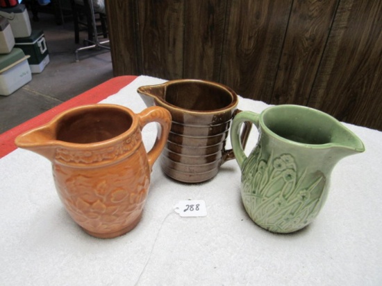 3 crock pitchers brown, gold, green