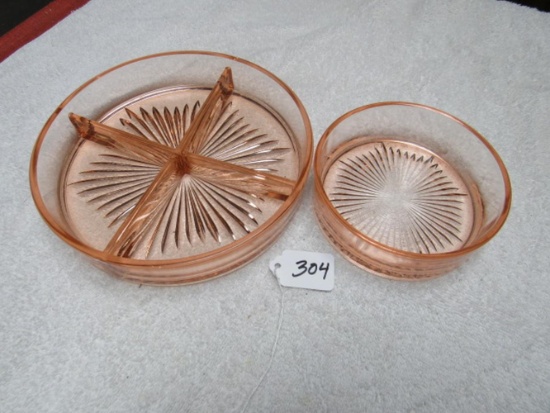 2 pink depression glass candy dishes