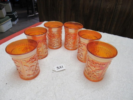 6 marigold carnival glass glasses rose pattern