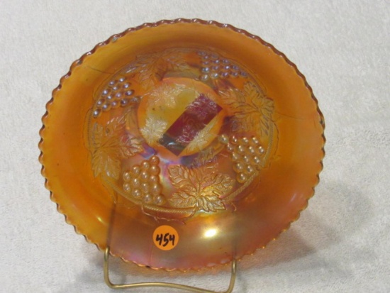 Fenton marigold carnival glass grape & cable footed bowl