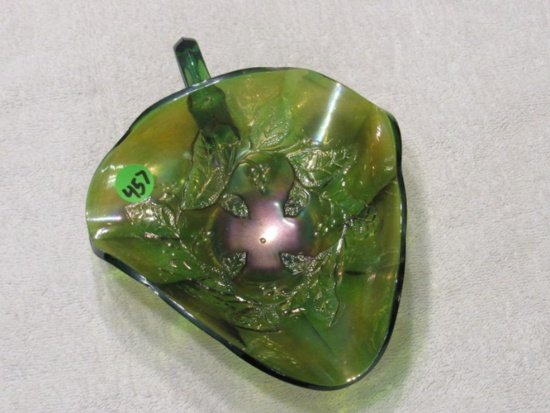 Millersburg green carnival glass holly sprig candy dish