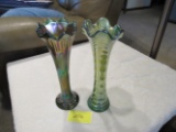 2 green carnival glass vases