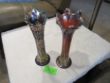 2 tall carnival glass vases