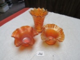 3 marigold carnival glass vases