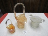 3 carnival glass baskets