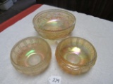 3 marigold carnival glass bowls