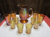 marigold carnival glass pitcher set, 6 juice glasses, 4 tumblers - grape pattern