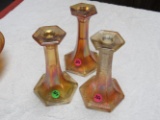 3 marigold carnival glass candlesticks (2 fenton colonial / 1 crackle)