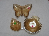 3 marigold carnival glass candy dishes ( butterfly, leaf, shell )