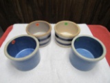 4 - six inch crocks (2 blue 2 striped)