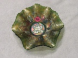 Northwood green carnival glass candy dish