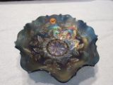 Fenton blue carnival glass dish holly pattern