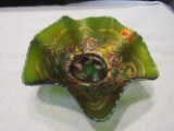 Fenton green carnival glass heart and vine dish