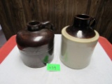 2 wide mouth crock jugs (1 brown, 1 two tone)