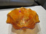 Fenton marigold carnival glass chrysanthemum footed bowl