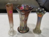 3 carnival glass vases  (various patterns/colors)