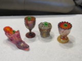 4 carnival glass pieces (various patterns/colors)