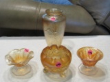 4 marigold carnival glass pieces (various pieces)