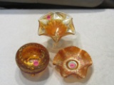 3 marigold carnival glass pieces