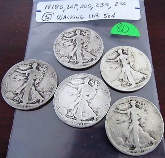 1918-S, '20-P, '20-S, '23-S, '29-S Walking Liberty Half Dollars