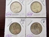 (4) 1944D, 45P, 45D, 45S,  Jefferson Nickels