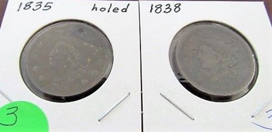 1835 (holed), 1838 Large Cent