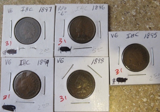 1895, 96, 97, 98, 99 Indian Head Cents