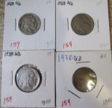 1938-D Over D 4 Different Varieties Buffalo Nickels