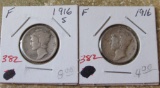 (2) 1916-P, 16-S Mercury Dimes -Fine