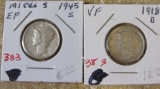 (2) 1918-D, 1945-S Micro S Mercury Dimes VF,  EF