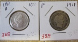 (2) 1911, 1911-D Barber Dimes F, VF+