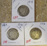 (3) 1914, 1916, 1916-S Barber Dimes F, F, VG+