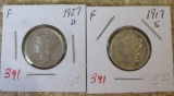 (2) 1917-S, 1927-D Mercury Dimes F, F